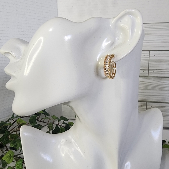 Gold with Zirconia Stones Huggie Hoop Earrings - Picture 5 of 6